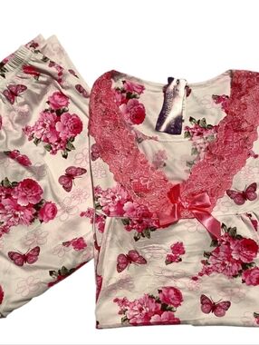 S/M🌸Floral Lace-Trim Women's Pajama Set in Pink